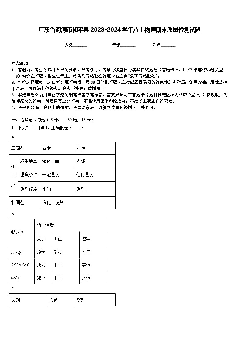 广东省河源市和平县2023-2024学年八上物理期末质量检测试题含答案第1页