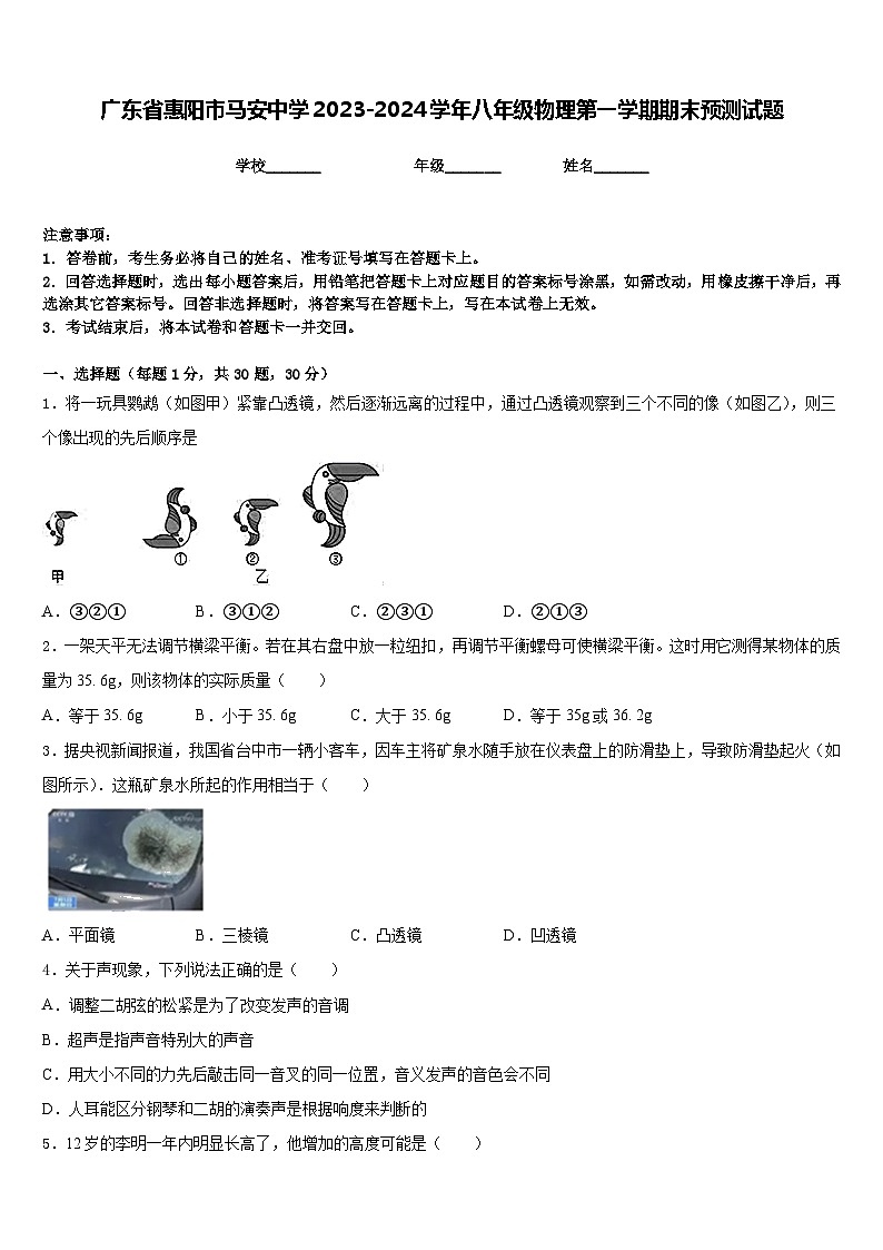 广东省惠阳市马安中学2023-2024学年八年级物理第一学期期末预测试题含答案第1页