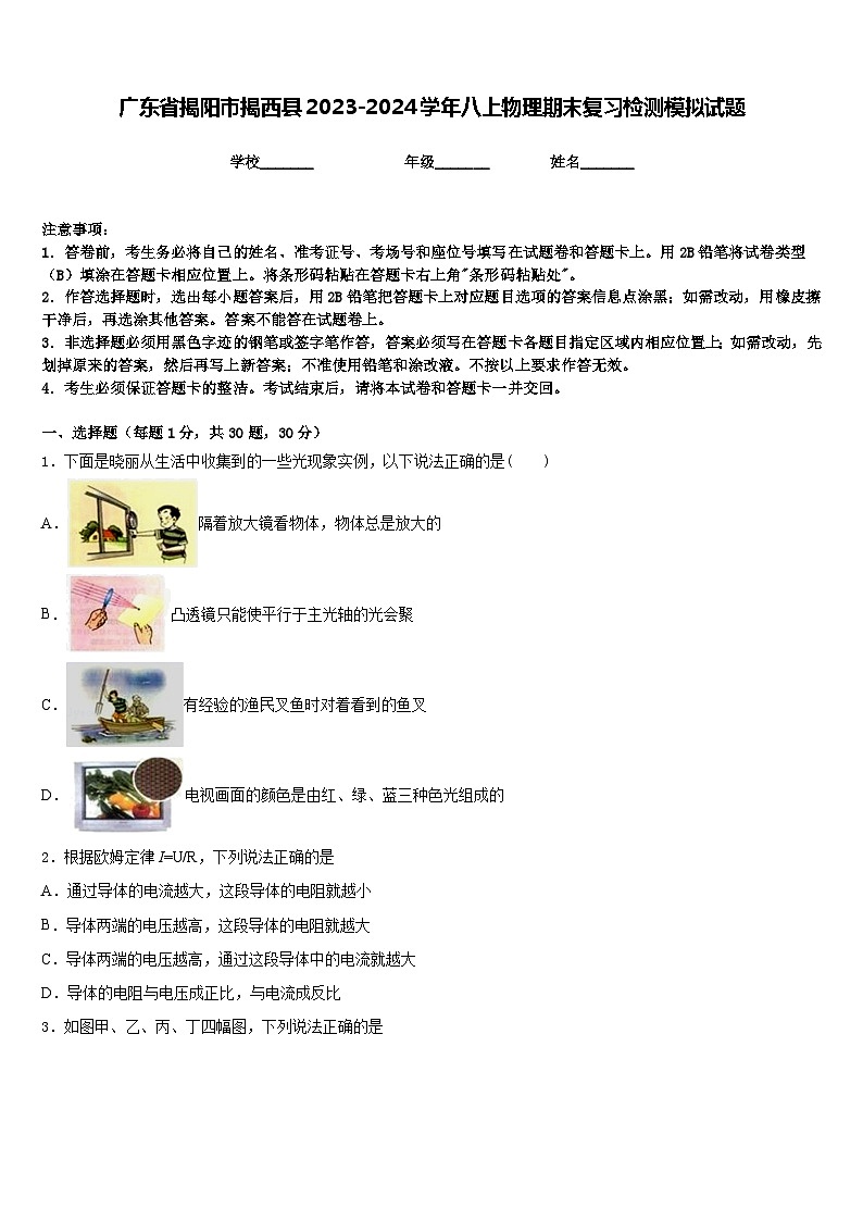 广东省揭阳市揭西县2023-2024学年八上物理期末复习检测模拟试题含答案第1页