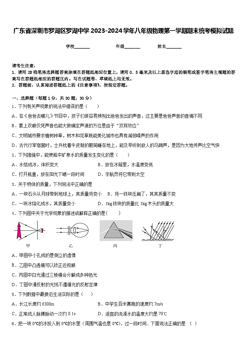 广东省深圳市罗湖区罗湖中学2023-2024学年八年级物理第一学期期末统考模拟试题含答案01
