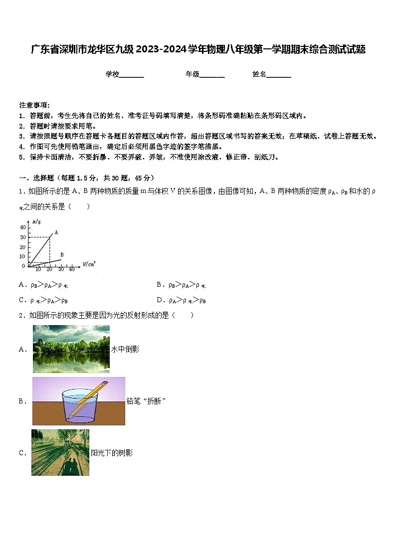 广东省深圳市龙华区九级2023-2024学年物理八年级第一学期期末综合测试试题含答案第1页