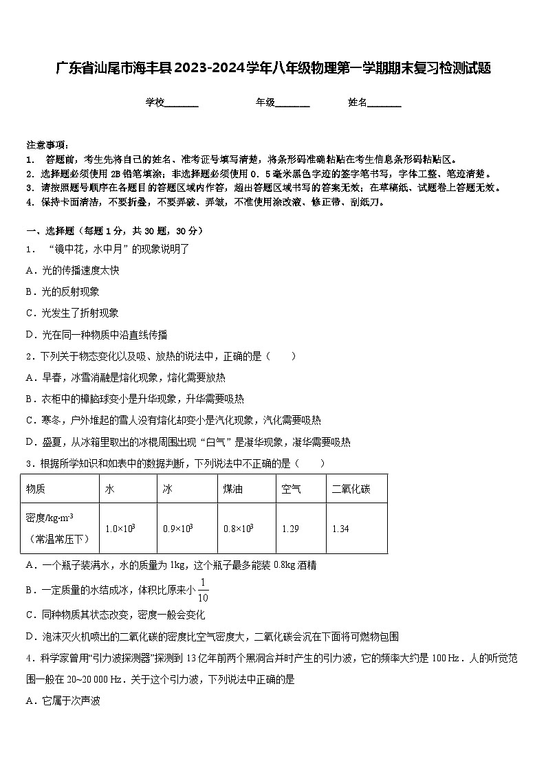 广东省汕尾市海丰县2023-2024学年八年级物理第一学期期末复习检测试题含答案第1页