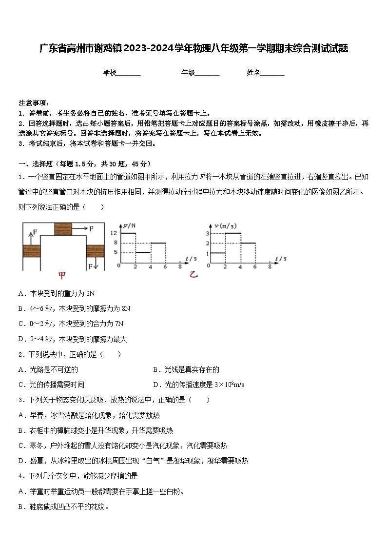 广东省高州市谢鸡镇2023-2024学年物理八年级第一学期期末综合测试试题含答案01