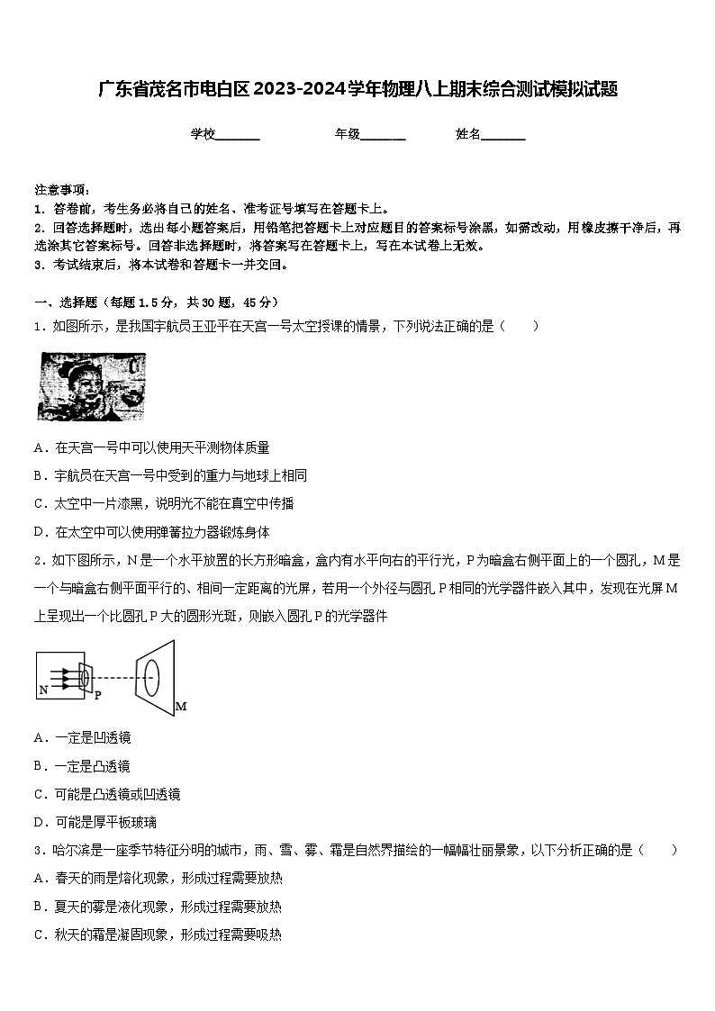 广东省茂名市电白区2023-2024学年物理八上期末综合测试模拟试题含答案01