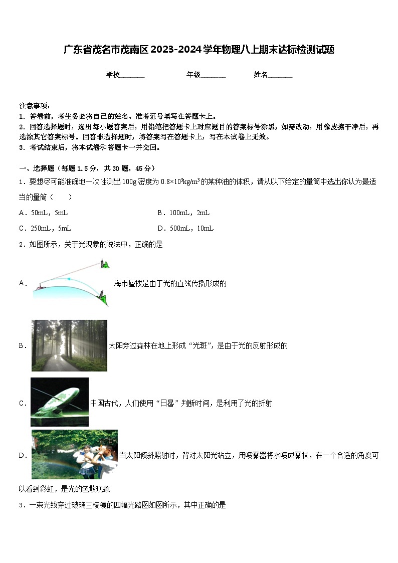 广东省茂名市茂南区2023-2024学年物理八上期末达标检测试题含答案01