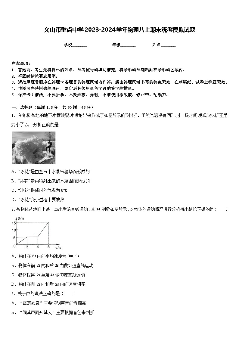 文山市重点中学2023-2024学年物理八上期末统考模拟试题含答案第1页