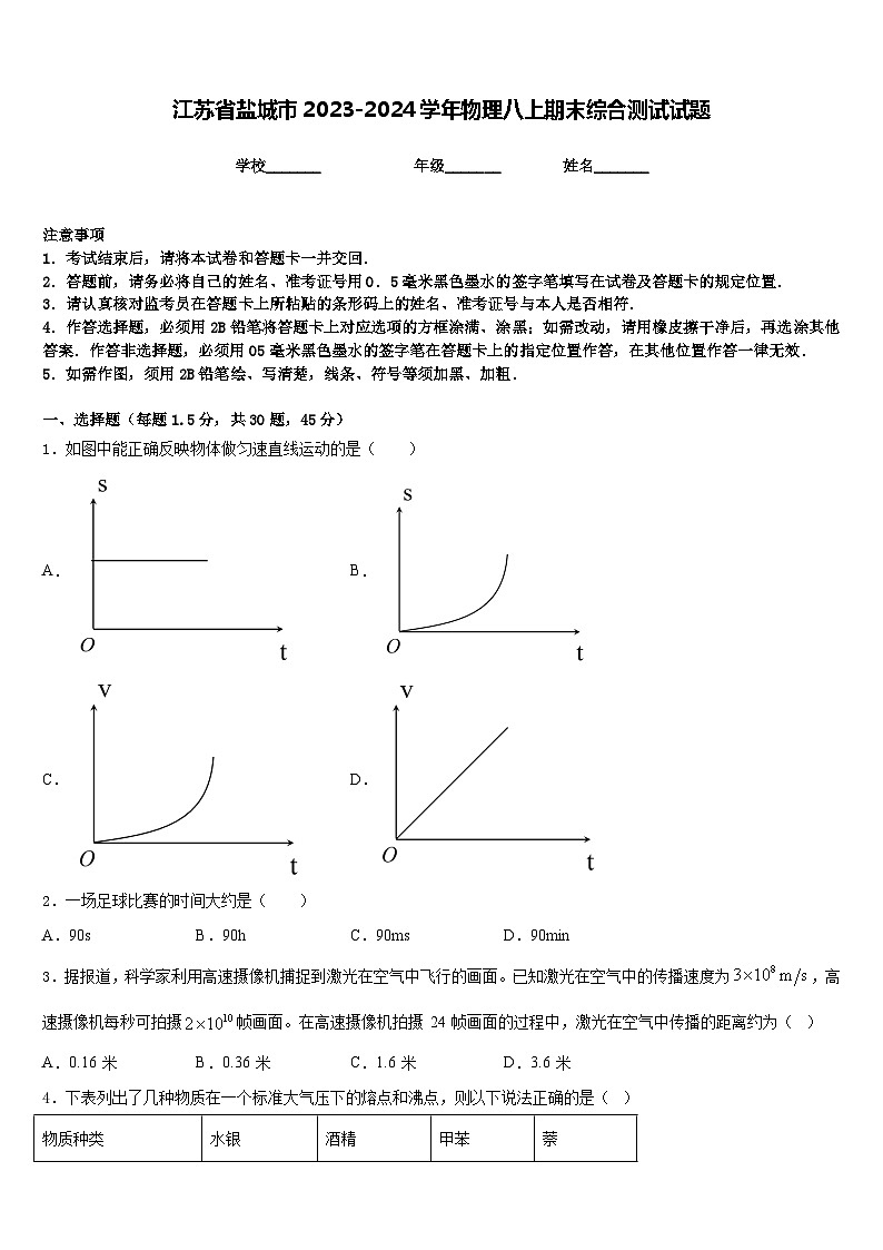 江苏省盐城市2023-2024学年物理八上期末综合测试试题含答案第1页