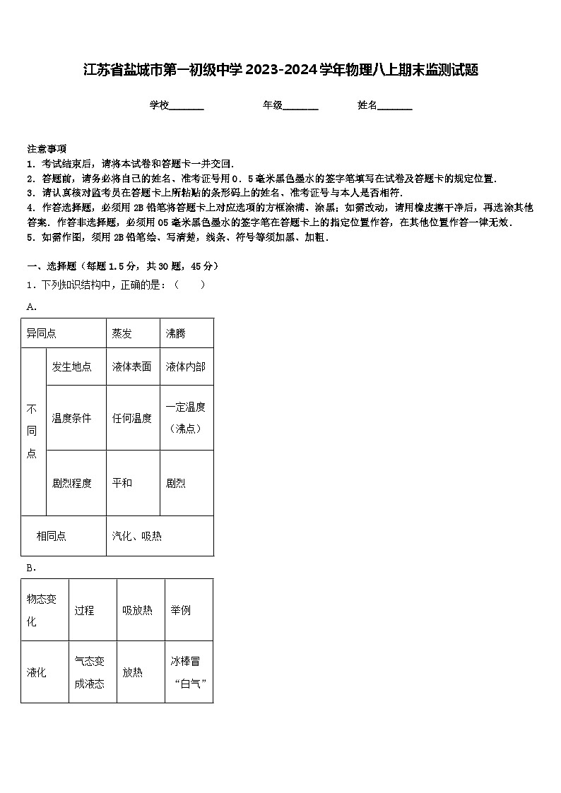 江苏省盐城市第一初级中学2023-2024学年物理八上期末监测试题含答案01