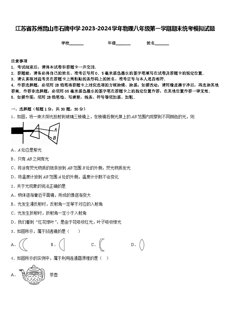 江苏省苏州昆山市石牌中学2023-2024学年物理八年级第一学期期末统考模拟试题含答案01