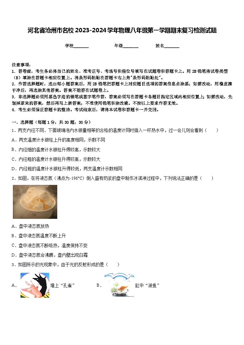 河北省沧州市名校2023-2024学年物理八年级第一学期期末复习检测试题含答案第1页