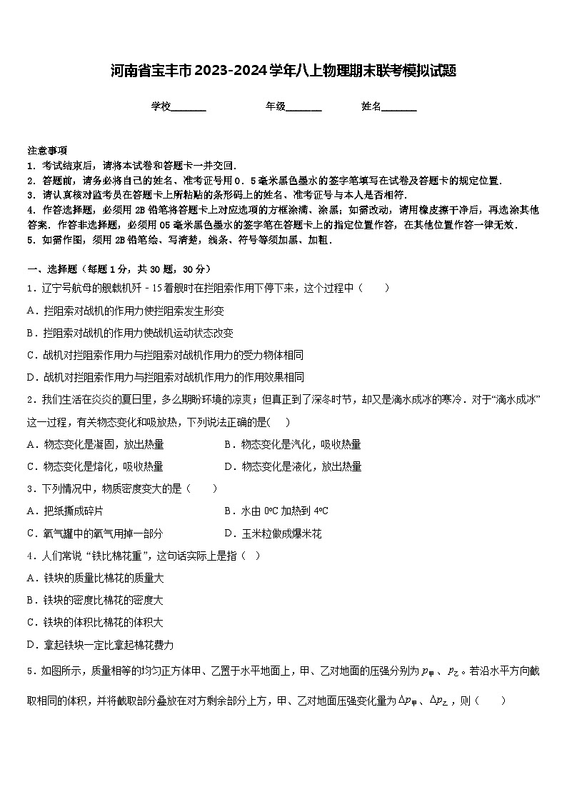 河南省宝丰市2023-2024学年八上物理期末联考模拟试题含答案第1页