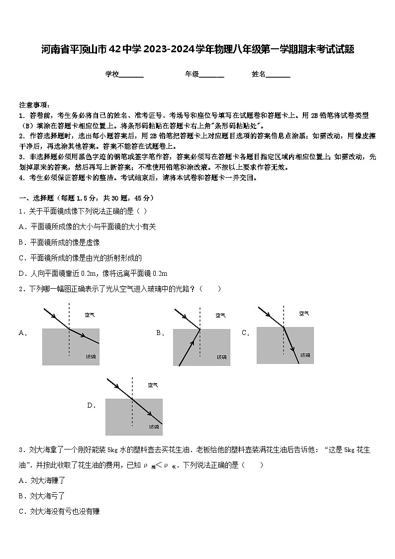 河南省平顶山市42中学2023-2024学年物理八年级第一学期期末考试试题含答案第1页