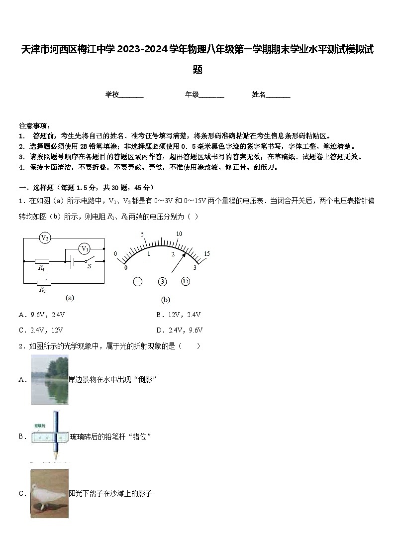天津市河西区梅江中学2023-2024学年物理八年级第一学期期末学业水平测试模拟试题含答案第1页