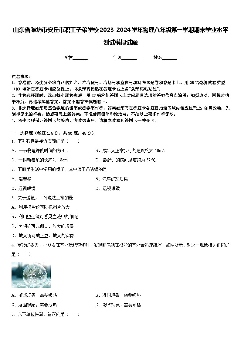 山东省潍坊市安丘市职工子弟学校2023-2024学年物理八年级第一学期期末学业水平测试模拟试题含答案第1页