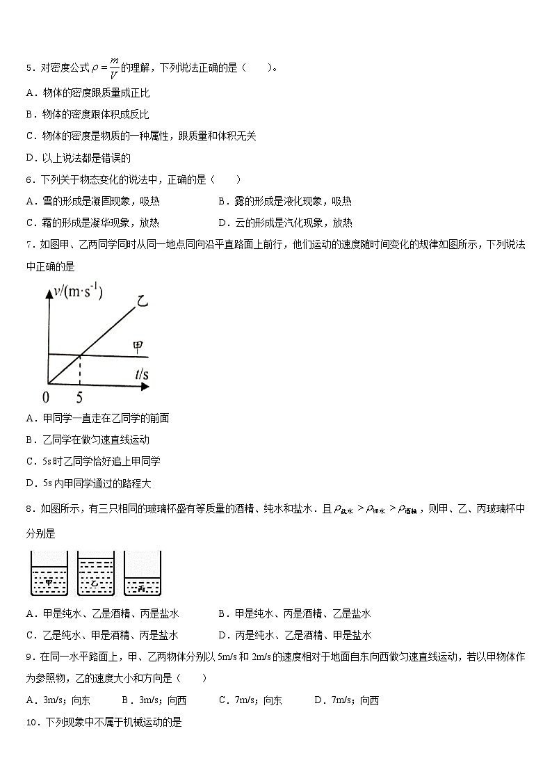 山东省诸城市树一中学2023-2024学年八上物理期末学业水平测试模拟试题含答案第2页