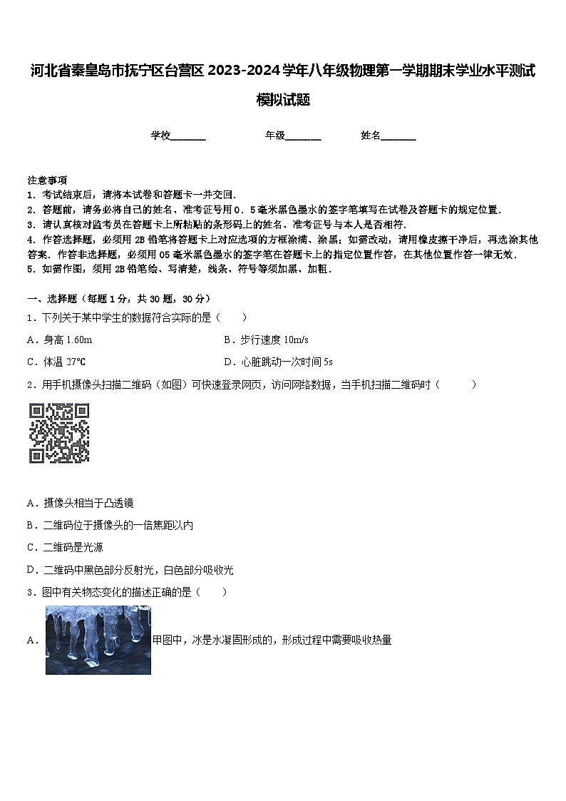 河北省秦皇岛市抚宁区台营区2023-2024学年八年级物理第一学期期末学业水平测试模拟试题含答案01