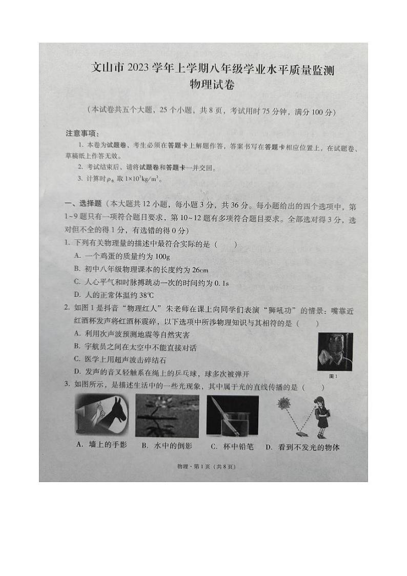 云南省文山州文山市2023学年八年级上学期期末学业水平质量监测物理试卷01
