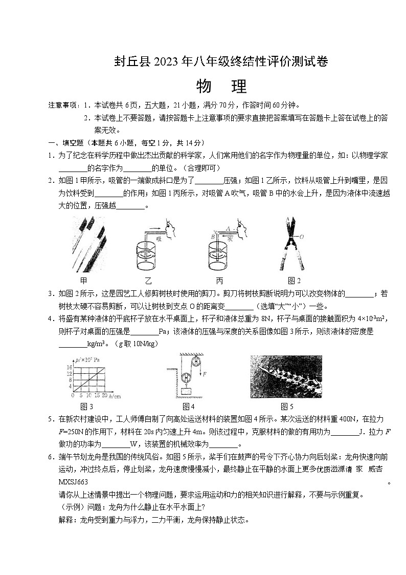 河南省新乡市封丘县2022-2023学年八年级下学期终结性评价测试物理试题01