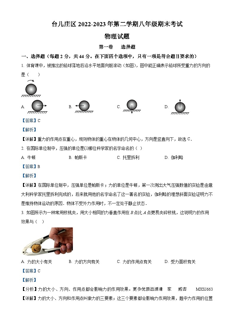 山东省枣庄市台儿庄区2022-2023学年八年级下学期期末考试物理试题（解析版）第1页