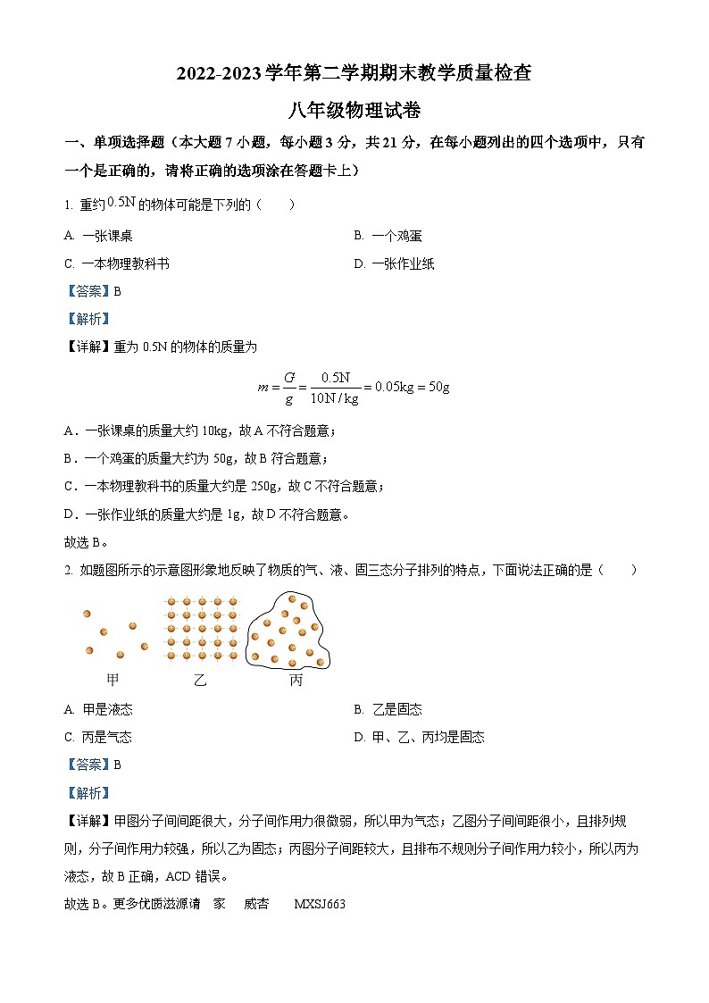 广东省惠州市惠东县2022-2023学年八年级下学期期末物理试题（解析版）第1页