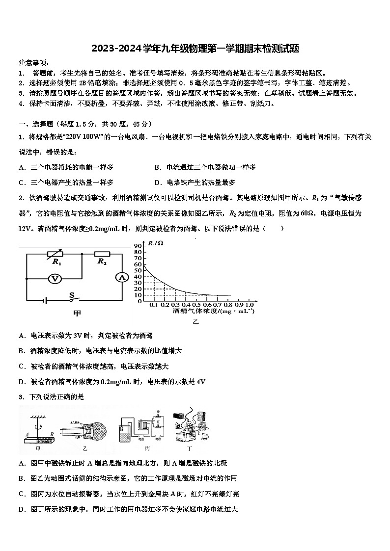 2023-2024学年九年级物理第一学期期末检测试题第1页