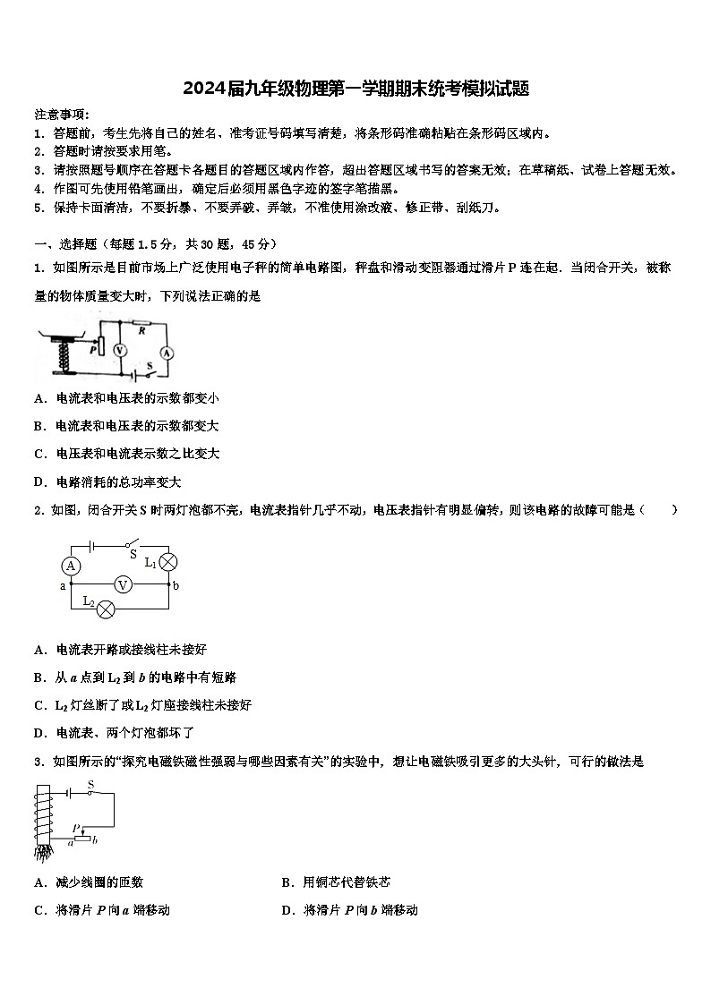 2024届九年级物理第一学期期末统考模拟试题第1页