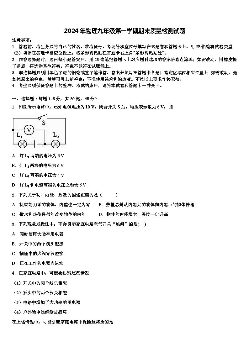 2024年物理九年级第一学期期末质量检测试题第1页