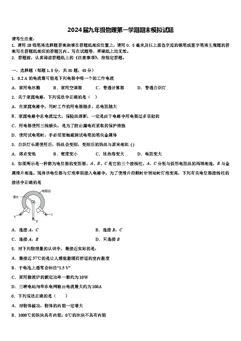 2024届九年级物理第一学期期末模拟试题第1页