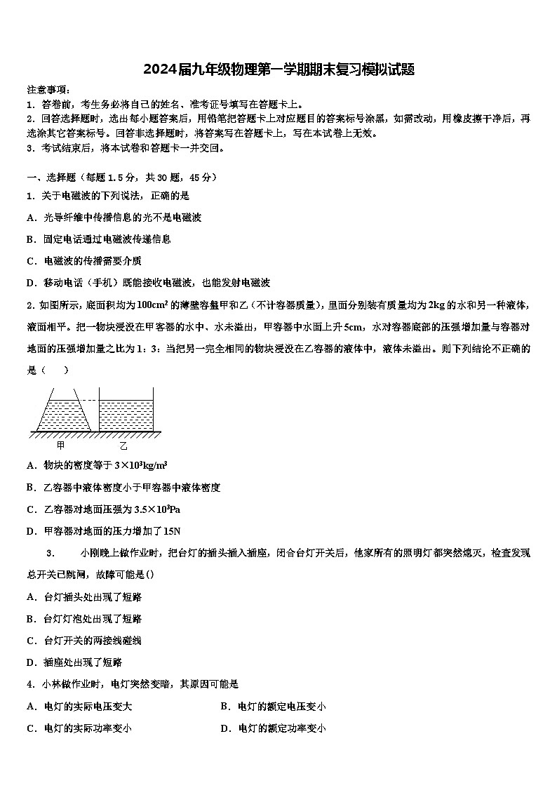 2024届九年级物理第一学期期末复习模拟试题第1页