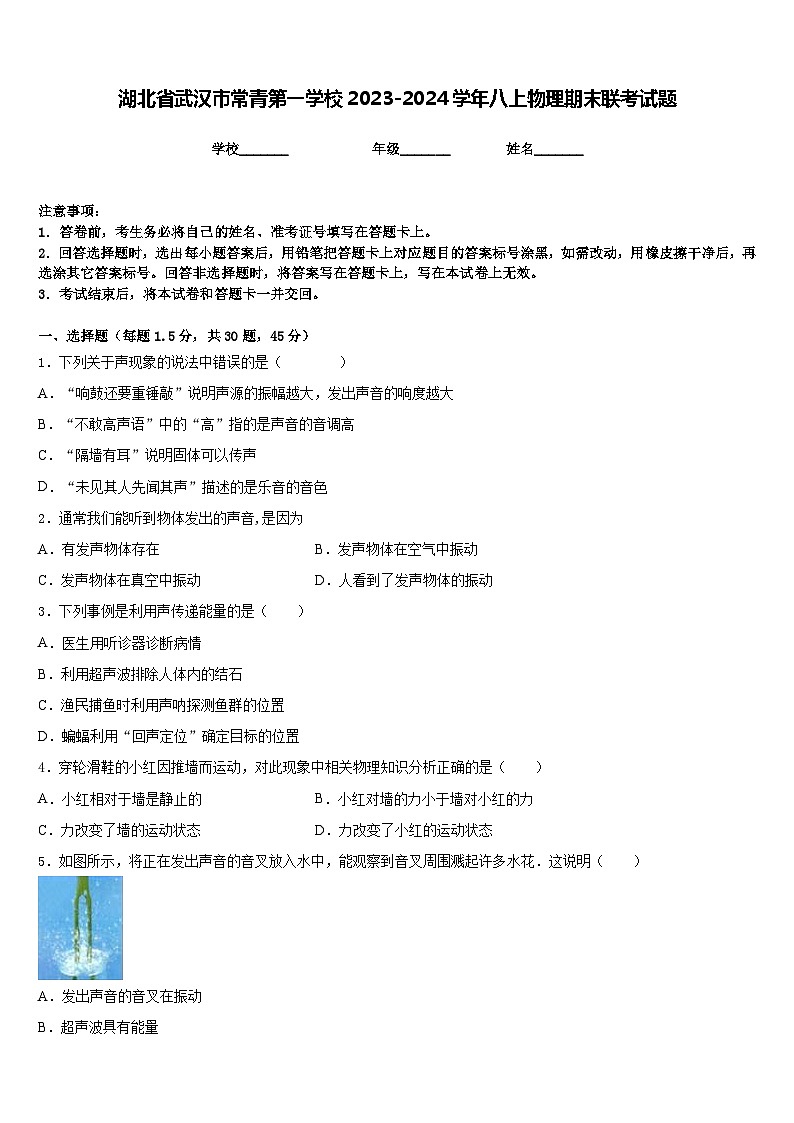 湖北省武汉市常青第一学校2023-2024学年八上物理期末联考试题含答案01
