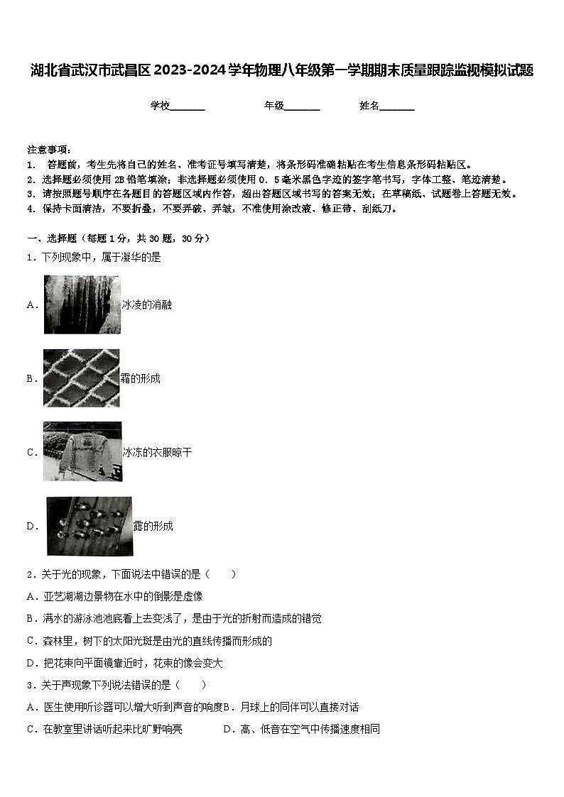 湖北省武汉市武昌区2023-2024学年物理八年级第一学期期末质量跟踪监视模拟试题含答案01