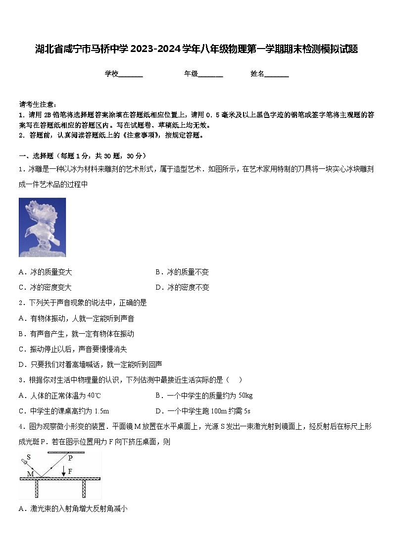 湖北省咸宁市马桥中学2023-2024学年八年级物理第一学期期末检测模拟试题含答案第1页