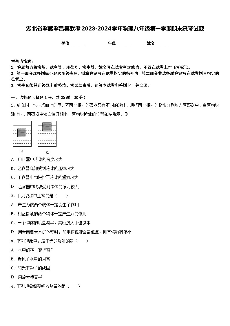湖北省孝感孝昌县联考2023-2024学年物理八年级第一学期期末统考试题含答案第1页