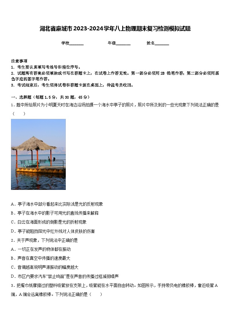 湖北省麻城市2023-2024学年八上物理期末复习检测模拟试题含答案01