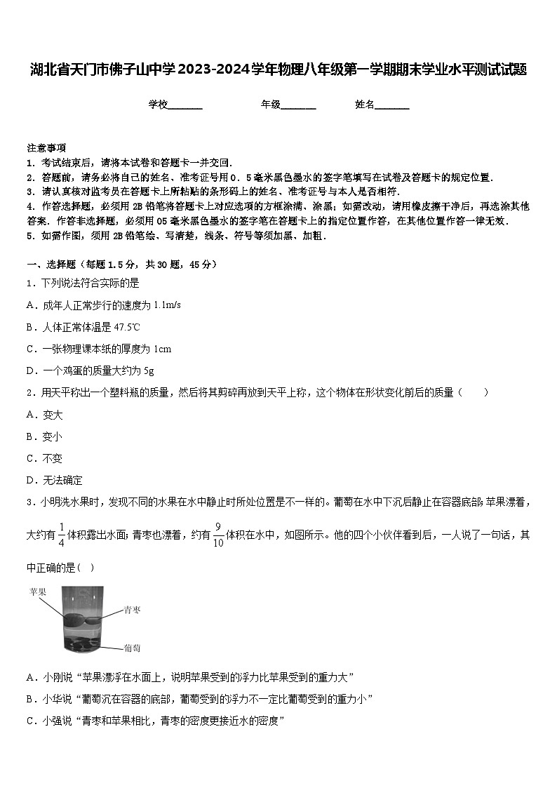 湖北省天门市佛子山中学2023-2024学年物理八年级第一学期期末学业水平测试试题含答案01