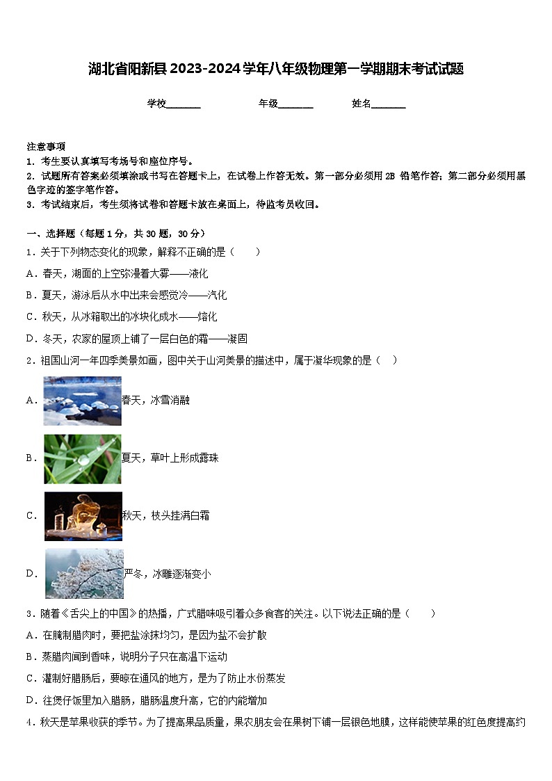 湖北省阳新县2023-2024学年八年级物理第一学期期末考试试题含答案01