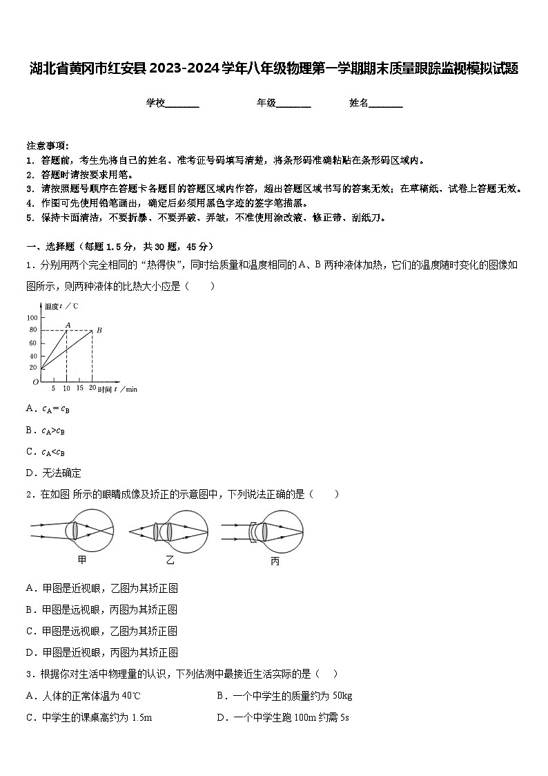 湖北省黄冈市红安县2023-2024学年八年级物理第一学期期末质量跟踪监视模拟试题含答案01