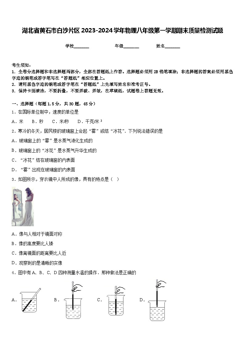 湖北省黄石市白沙片区2023-2024学年物理八年级第一学期期末质量检测试题含答案01