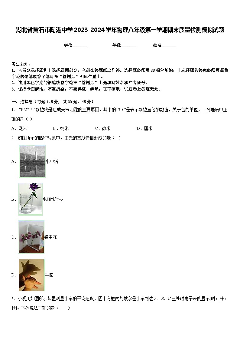 湖北省黄石市陶港中学2023-2024学年物理八年级第一学期期末质量检测模拟试题含答案第1页