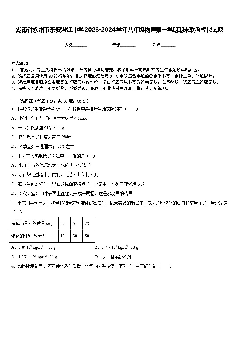 湖南省永州市东安澄江中学2023-2024学年八年级物理第一学期期末联考模拟试题含答案第1页
