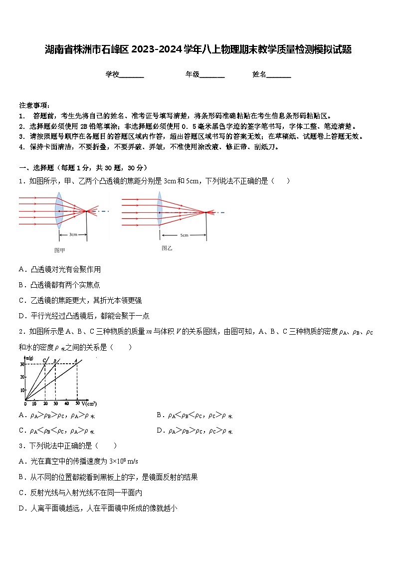 湖南省株洲市石峰区2023-2024学年八上物理期末教学质量检测模拟试题含答案第1页