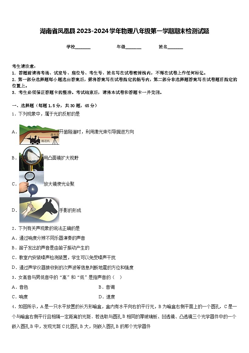湖南省凤凰县2023-2024学年物理八年级第一学期期末检测试题含答案01