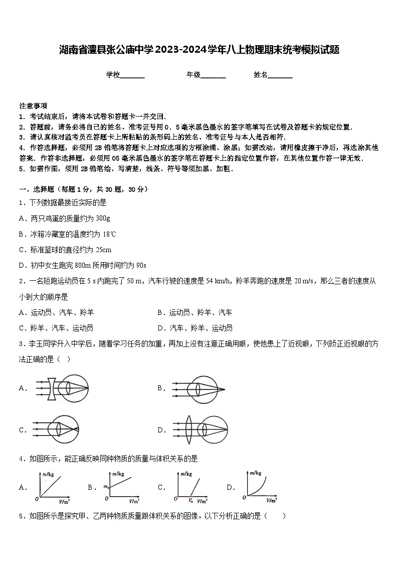 湖南省澧县张公庙中学2023-2024学年八上物理期末统考模拟试题含答案01
