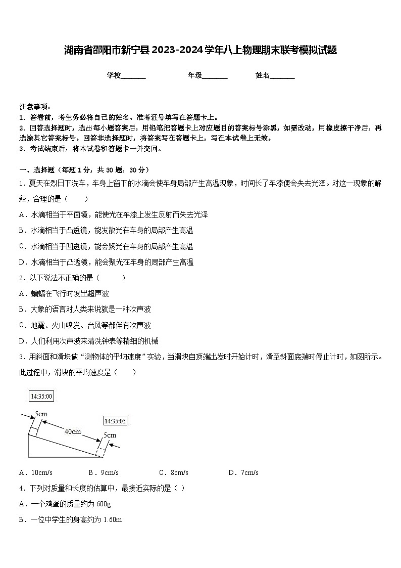 湖南省邵阳市新宁县2023-2024学年八上物理期末联考模拟试题含答案第1页