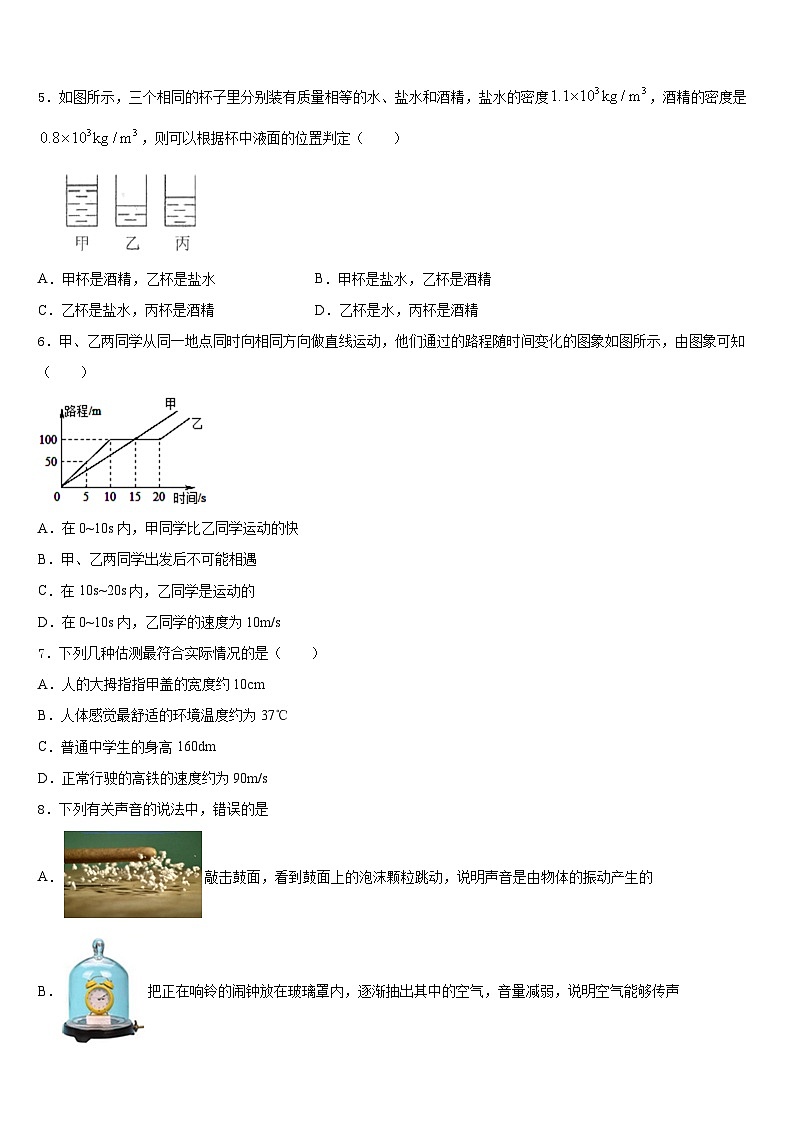 湖北省襄阳市枣阳2023-2024学年物理八上期末学业水平测试模拟试题含答案02