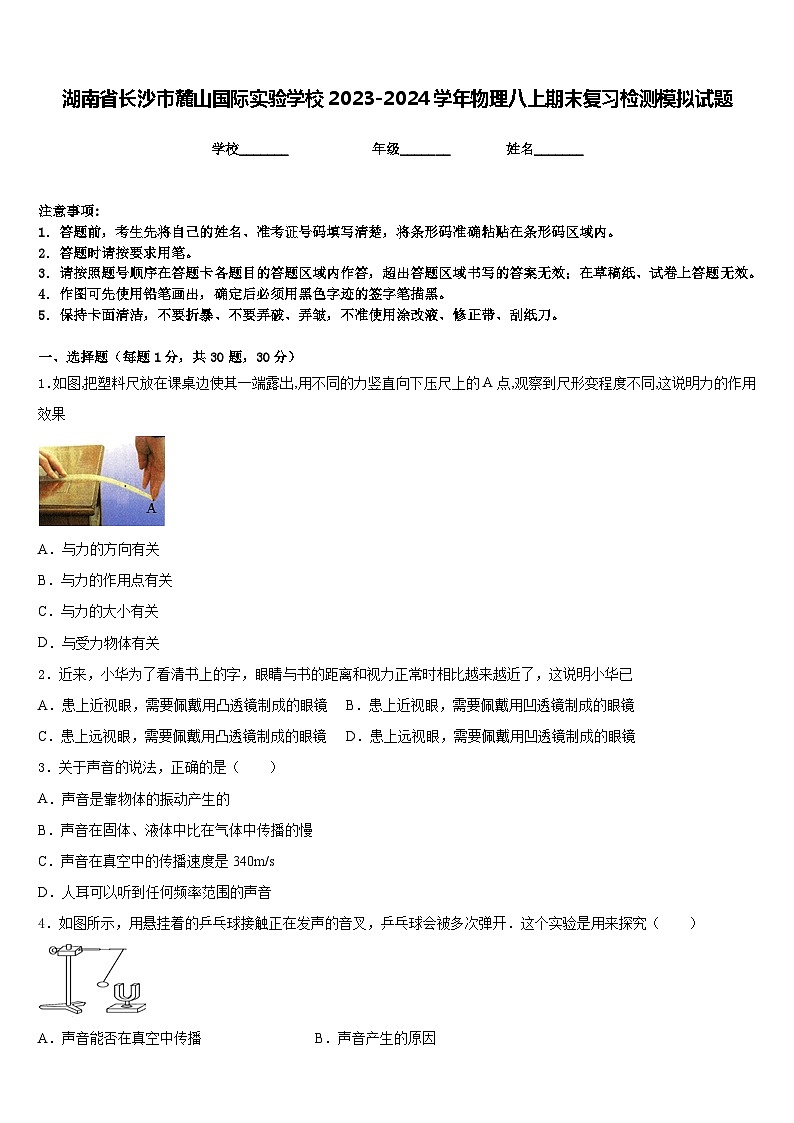 湖南省长沙市麓山国际实验学校2023-2024学年物理八上期末复习检测模拟试题含答案01
