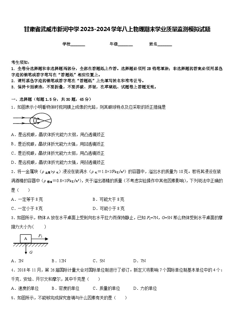 甘肃省武威市新河中学2023-2024学年八上物理期末学业质量监测模拟试题含答案01