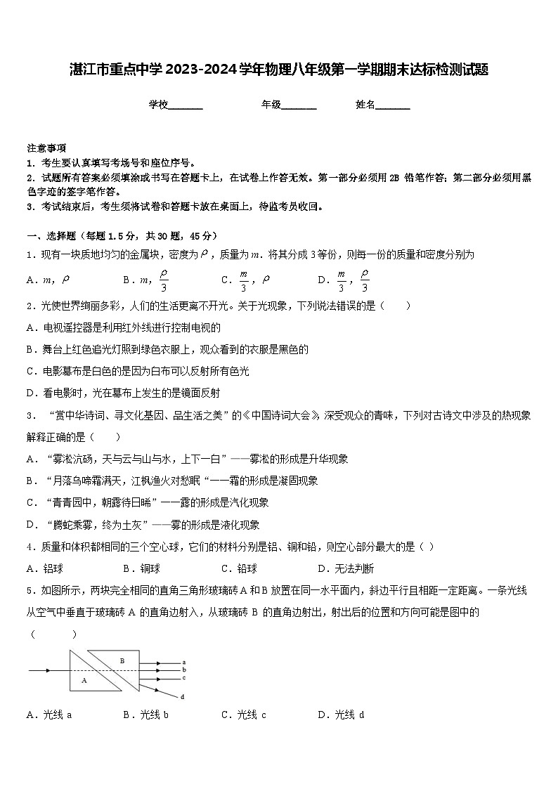 湛江市重点中学2023-2024学年物理八年级第一学期期末达标检测试题含答案第1页