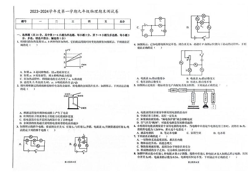 吉林省四平市双辽市2023-2024学年上学期九年级物理期末试卷（图片版，含答案）第1页