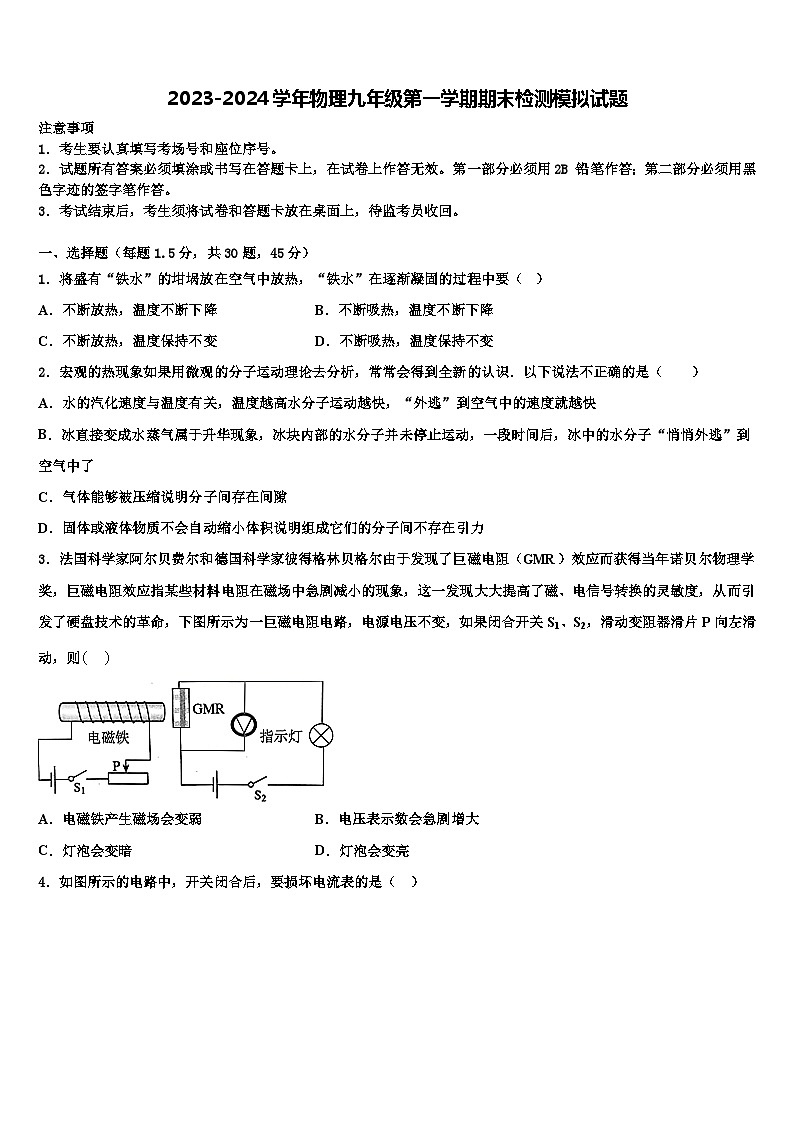 2023-2024学年物理九年级第一学期期末检测模拟试题01